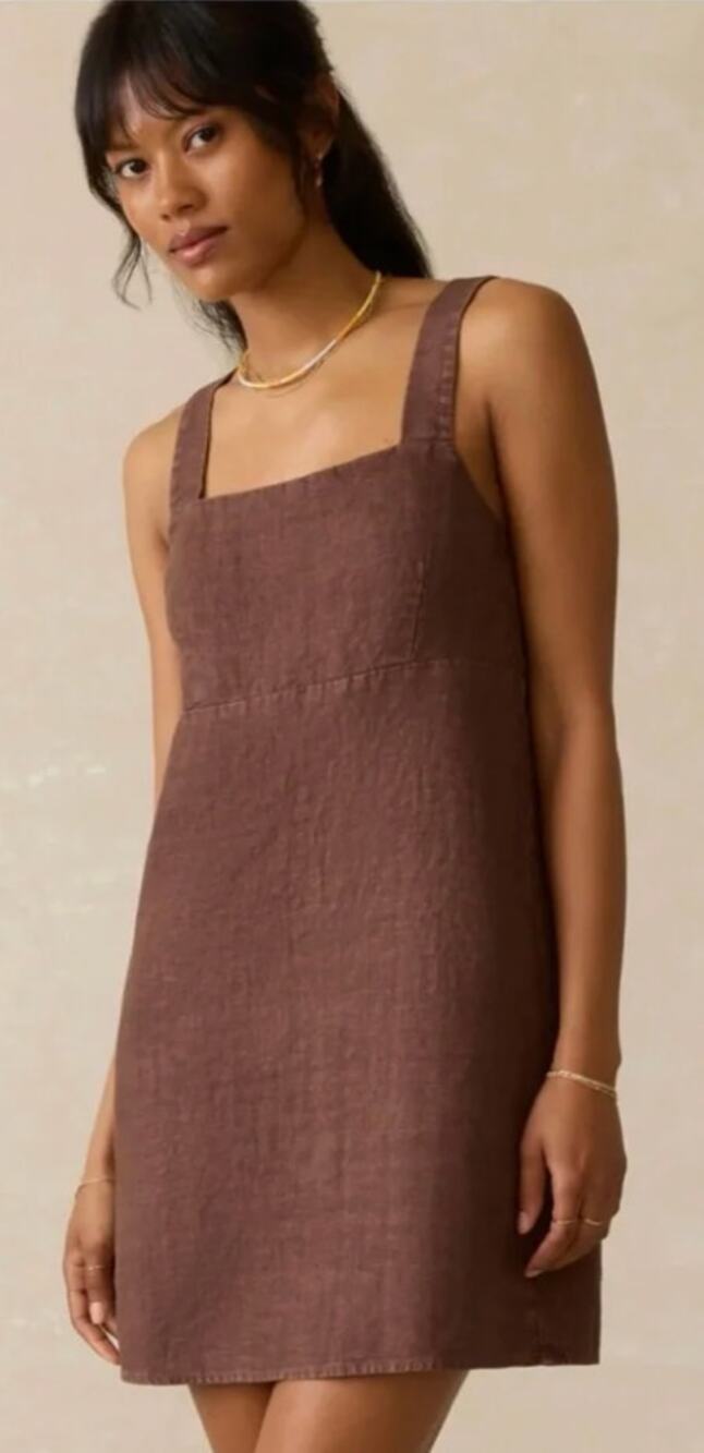 Faherty Dress XS August Linen in Cocoa Brown Square Neck Sundress Casual Boho